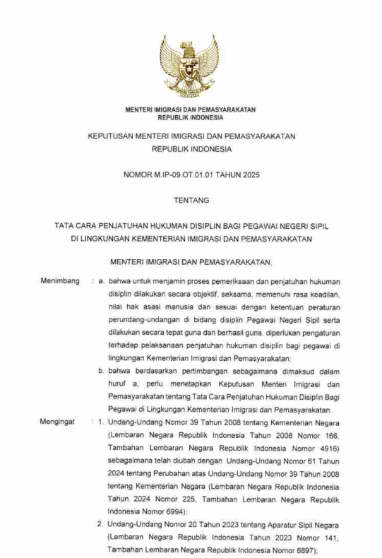 Keputusan Menteri Imigrasi dan Pemasyarakatan Nomor M.IP-09.OT.01.01 Tahun 2025 tentang Tata Cara Penjatuhan Hukuman Disiplin Bagi Pegawai Negeri Sipil di Lingkungan Kementerian Imigrasi dan Pemasyarakatan